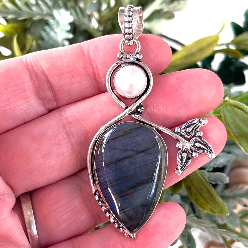 Flashy Blue Labradorite & Pearl Gemstone 2.5” Sterling Silver Pendant